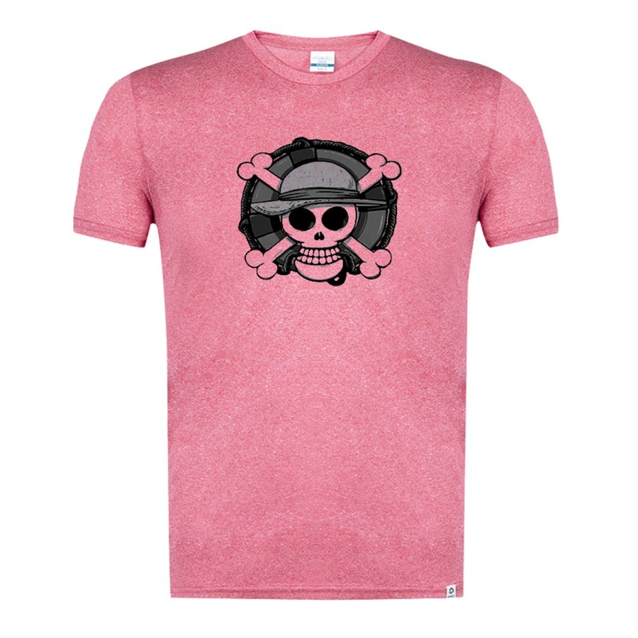 CAMISETA ROJA MEZCLA CON IMAGEN EN TONALIDADES NEGRAS One piece logo calavera barco pirata luffy tshirt