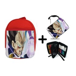 PACK MOCHILA ROJA Y ESTUCHE Vegeta galik canon kamehameha ssj blue formas majin material escolar