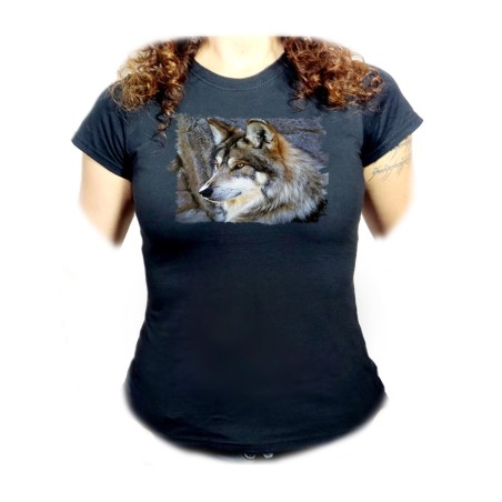 CAMISETA NEGRA MUJER lobo gris animal salvaje feroz mascota bosque oferta personalizada