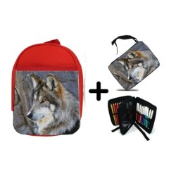 PACK MOCHILA ROJA Y ESTUCHE lobo gris animal salvaje feroz mascota bosque material escolar