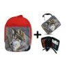 PACK MOCHILA ROJA Y ESTUCHE lobo gris animal salvaje feroz mascota bosque material escolar