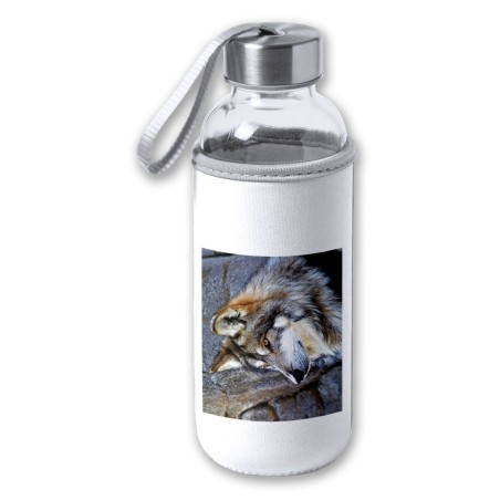 BIDON DE 420 ML CON FUNDA DE NEOPRENO lobo gris animal salvaje feroz mascota bosque tapon seguridad