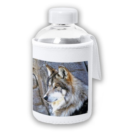BIDON CRISTAL CON FUNDA SOFT SHELL lobo gris animal salvaje feroz mascota bosque tapon seguridad botella