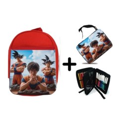 PACK MOCHILA ROJA Y ESTUCHE akira toriyama padre serie goku saijajin guerrero z material escolar