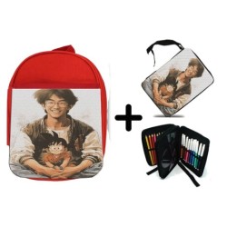 PACK MOCHILA ROJA Y ESTUCHE akira toriyama mangaka padre goku chico serie material escolar