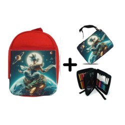 PACK MOCHILA ROJA Y ESTUCHE goku god dios ultra instinto dioses dragon shenron material escolar