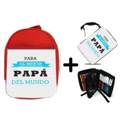 PACK MOCHILA ROJA Y ESTUCHE el mejor papa del mundo frase padre familia material escolar