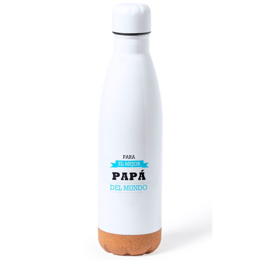 BIDON 750 ML ACERO INOXIDABLE ADORNO DE CORCHO el mejor papa del mundo frase padre familia tapon botella