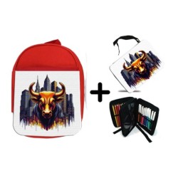 PACK MOCHILA ROJA Y ESTUCHE toro wall street bolsa mercados inversion Maximus material escolar