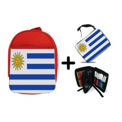 PACK MOCHILA ROJA Y ESTUCHE bandera uruguai logo latinoamerica pais hispanoamerica material escolar