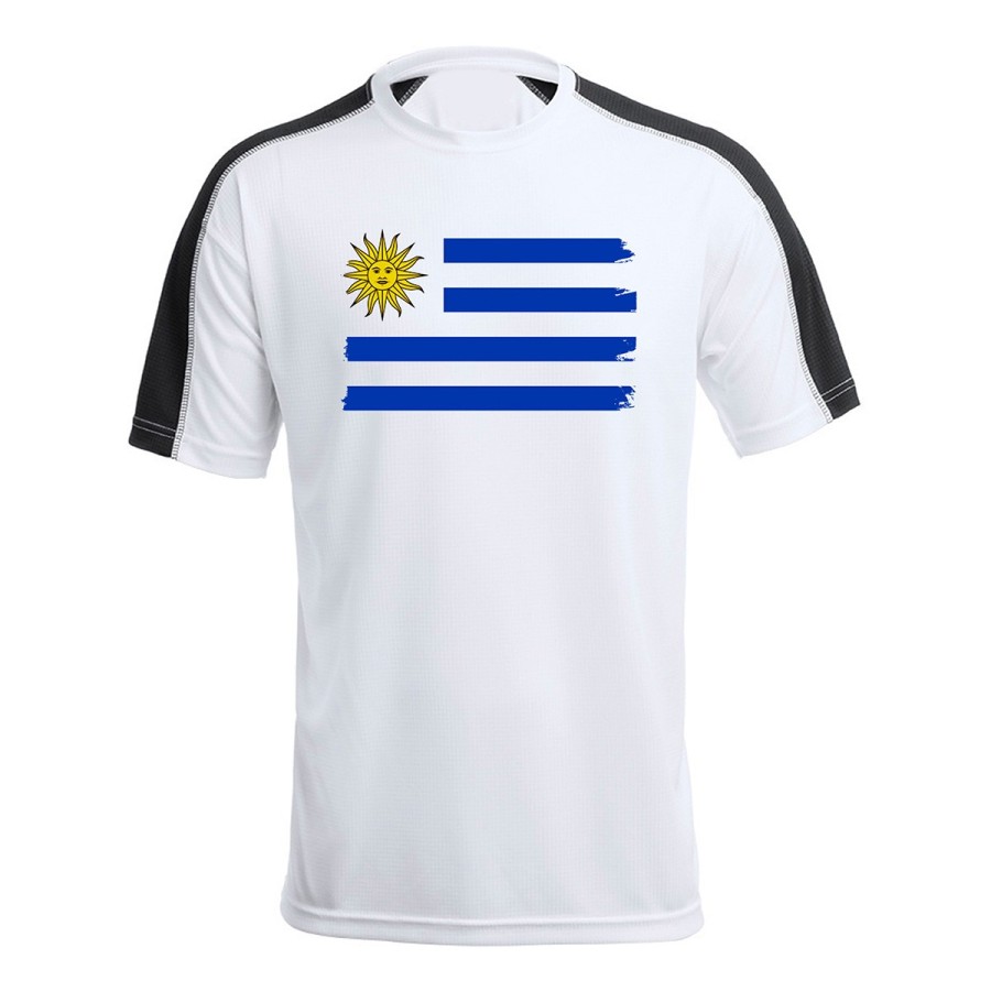 CAMISETA TÉCNICA FRANJA MANGAS NEGRA bandera uruguai logo latinoamerica pais hispanoamerica personalizada