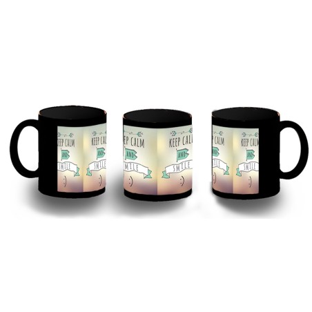 TAZA COMPLETAMENTE NEGRA calmate y sonrie keep calm and smile frase graciosa personalizada