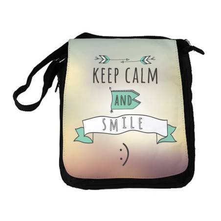 BANDOLERA REPORTERO MEDIANA BOLSO calmate y sonrie keep calm and smile frase graciosa bolsa mochila hombro