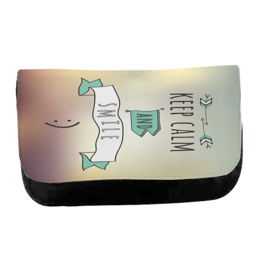 ESTUCHE NECESER DE LONA calmate y sonrie keep calm and smile frase graciosa unisex negro monedero billetera