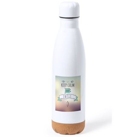 BIDON 750 ML ACERO INOXIDABLE ADORNO DE CORCHO calmate y sonrie keep calm and smile frase graciosa tapon botella