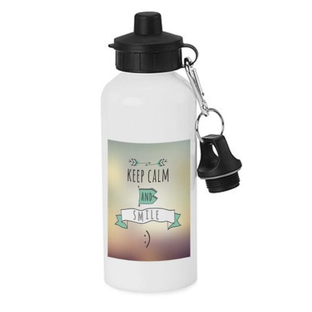 BIDON 600 ML ACERO INOXIDABLE CON CHUPON calmate y sonrie keep calm and smile frase graciosa escolar deporte bicicleta