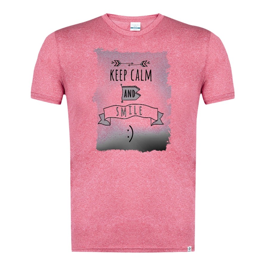 CAMISETA ROJA MEZCLA CON IMAGEN EN TONALIDADES NEGRAS calmate y sonrie keep calm and smile frase graciosa tshirt