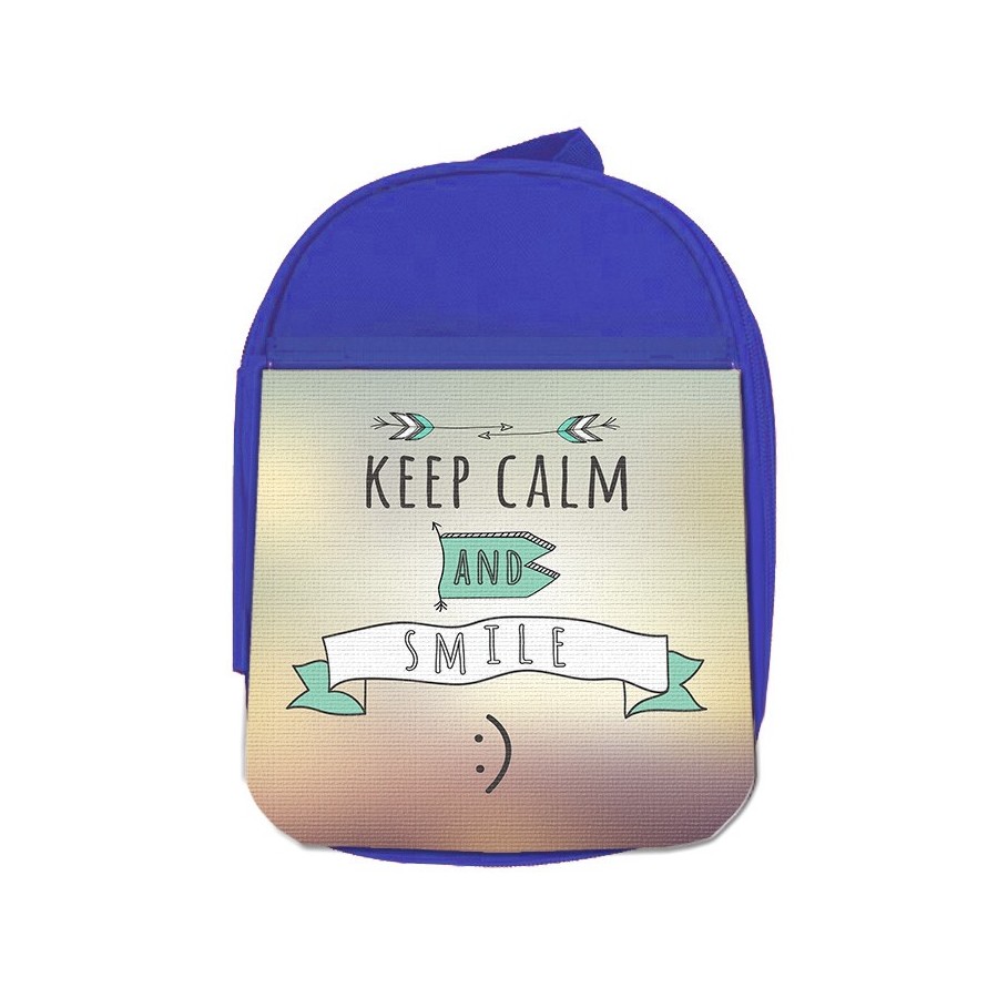 MOCHILA AZUL calmate y sonrie keep calm and smile frase graciosa escolar personalizado picnic excursión deporte