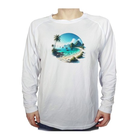 CAMISETA MANGA LARGA playa paradisiaca mar oceano agua arena palmeras personalizada