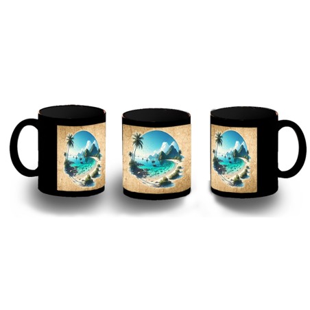 TAZA COMPLETAMENTE NEGRA playa paradisiaca mar oceano agua arena palmeras personalizada