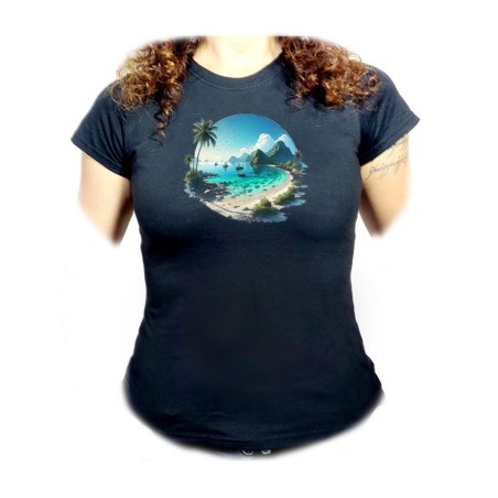 CAMISETA NEGRA MUJER playa paradisiaca mar oceano agua arena palmeras oferta personalizada