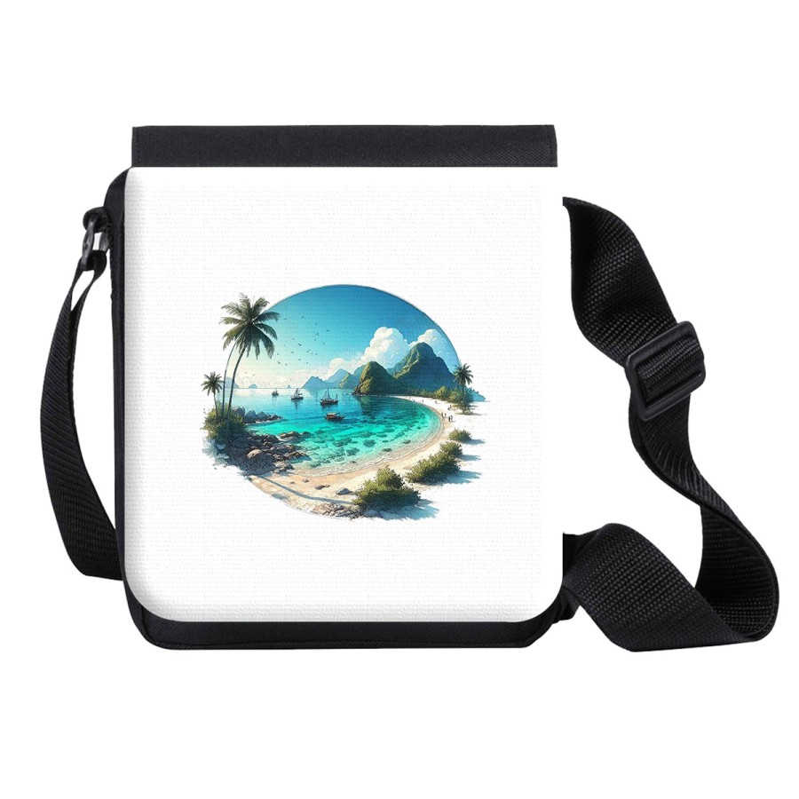 BANDOLERA PEQUEÑA playa paradisiaca mar oceano agua arena palmeras bolso personalizada