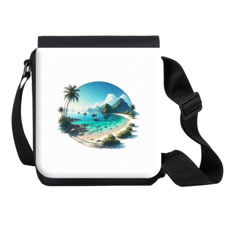 BANDOLERA PEQUEÑA playa paradisiaca mar oceano agua arena palmeras bolso personalizada