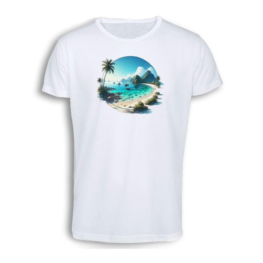 CAMISETA TACTO ALGODÓN playa paradisiaca mar oceano agua arena palmeras cómoda personalizada