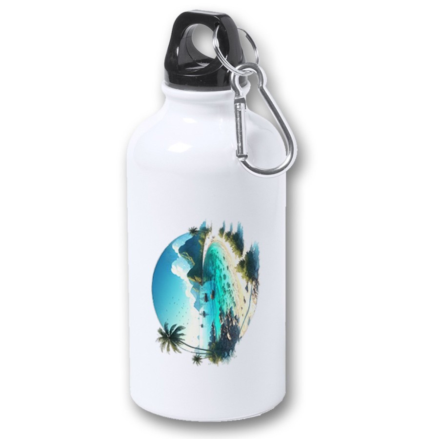 BIDON 400ML METALICO playa paradisiaca mar oceano agua arena palmeras para viaje y deporte