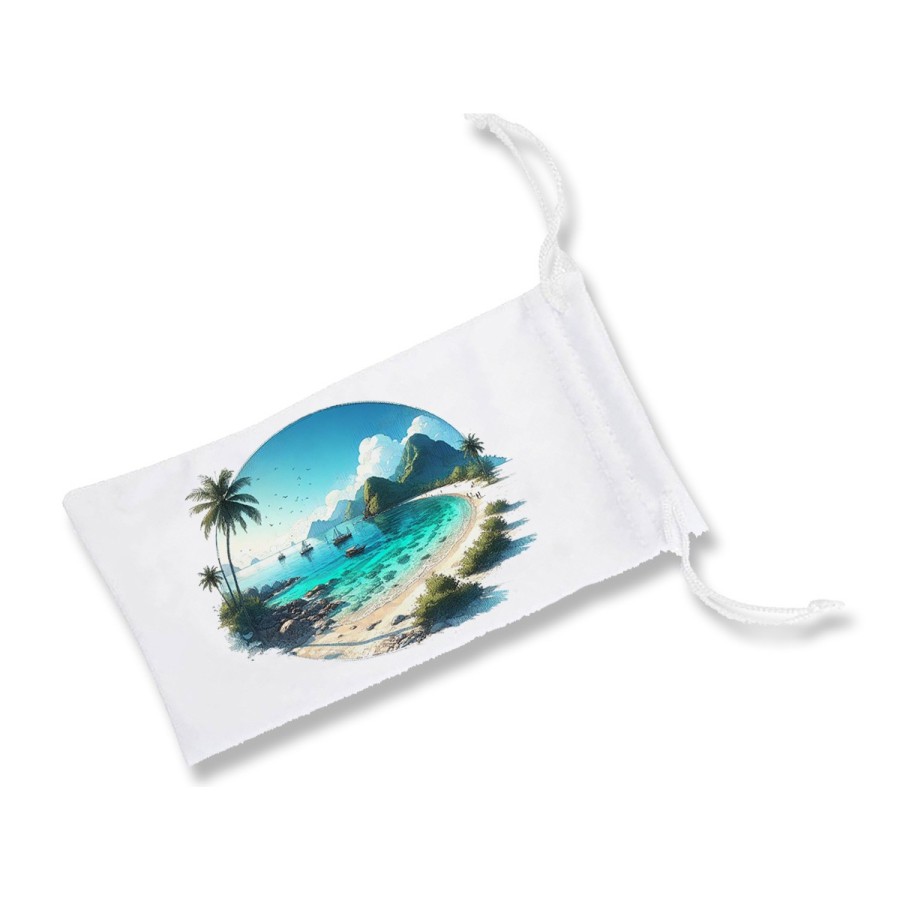 FUNDA BOLSA MULTIUSOS playa paradisiaca mar oceano agua arena palmeras gafas dados rol personalizada color