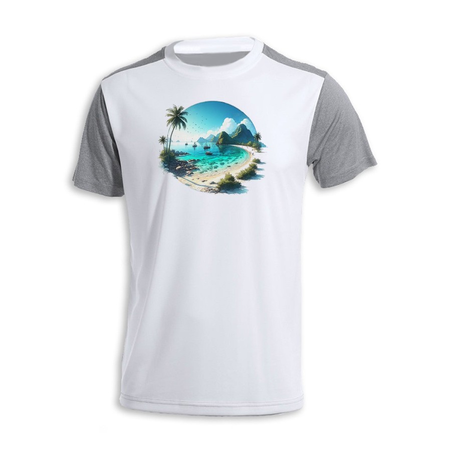 CAMISETA DISEÑO BICOLOR playa paradisiaca mar oceano agua arena palmeras personalizada