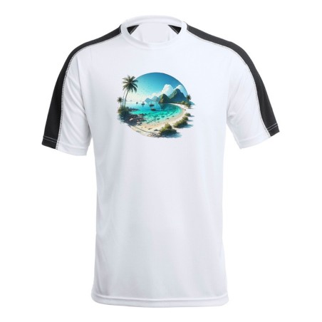 CAMISETA TÉCNICA FRANJA MANGAS NEGRA playa paradisiaca mar oceano agua arena palmeras personalizada