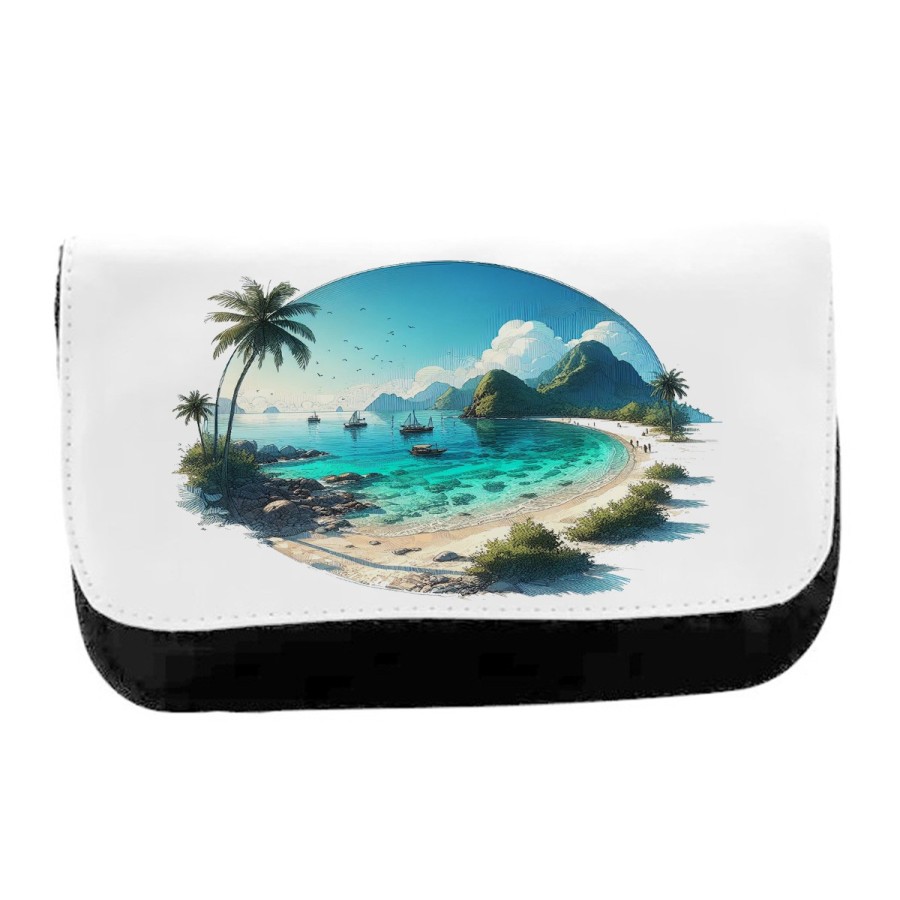 ESTUCHE NECESER DE LONA playa paradisiaca mar oceano agua arena palmeras unisex negro monedero billetera