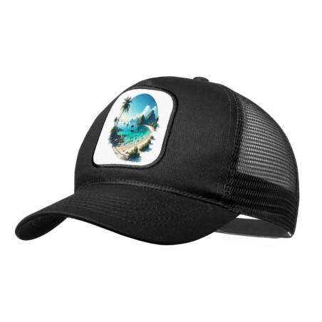 GORRA NEGRA CON REJILLA playa paradisiaca mar oceano agua arena palmeras moda deporte