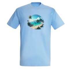 CAMISETA AZUL CIELO playa paradisiaca mar oceano agua arena palmeras moda verano personalizada