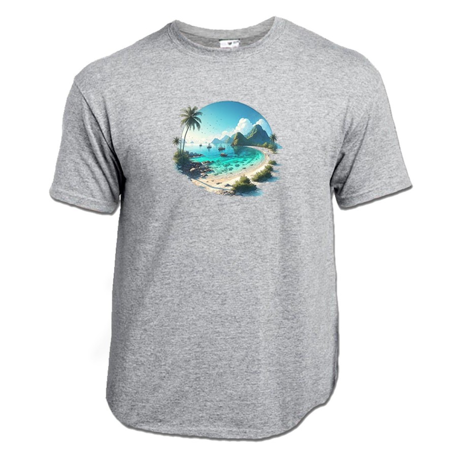 CAMISETA GRIS MEZCLA playa paradisiaca mar oceano agua arena palmeras moda verano personalizada