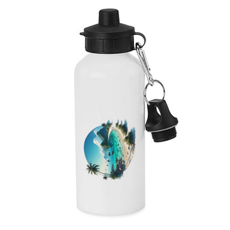 BIDON 600 ML ACERO INOXIDABLE CON CHUPON playa paradisiaca mar oceano agua arena palmeras escolar deporte bicicleta