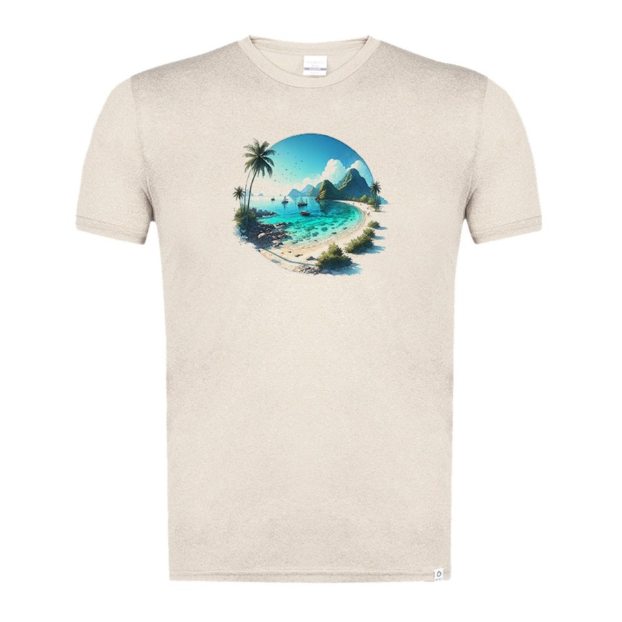 CAMISETA BLANCO NATURAL IMAGEN A COLOR playa paradisiaca mar oceano agua arena palmeras moda verano tshirt