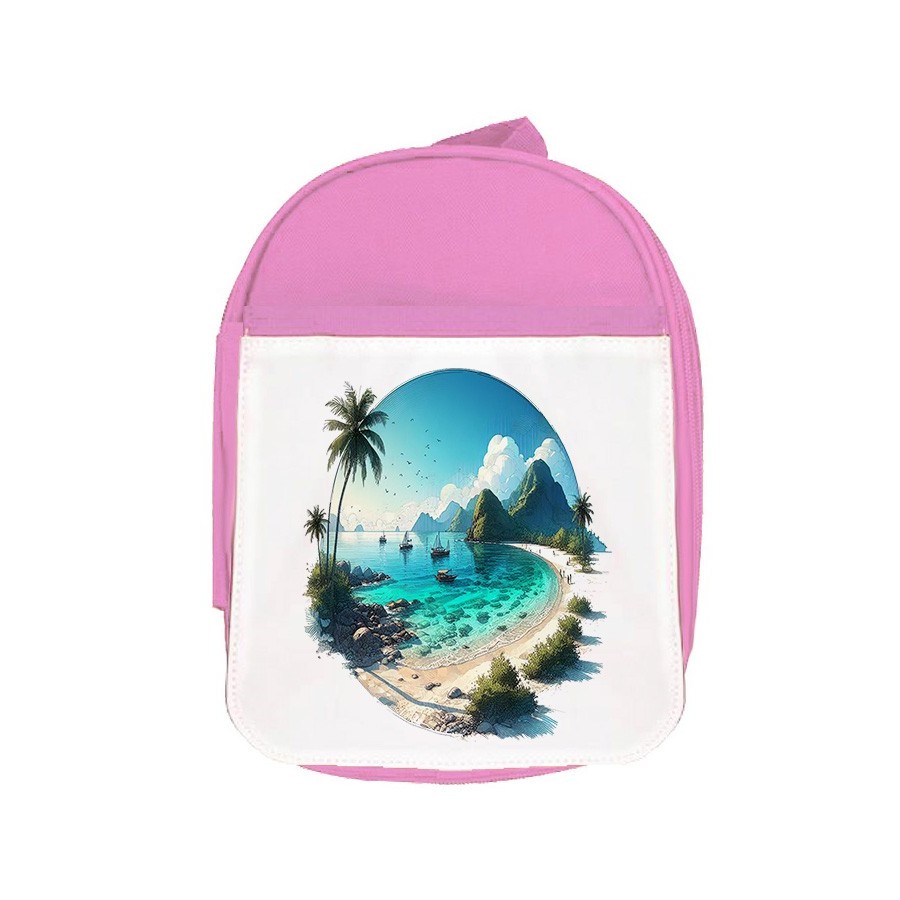 MOCHILA ROSA playa paradisiaca mar oceano agua arena palmeras escolar personalizado picnic excursión deporte