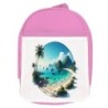 MOCHILA ROSA playa paradisiaca mar oceano agua arena palmeras escolar personalizado picnic excursión deporte