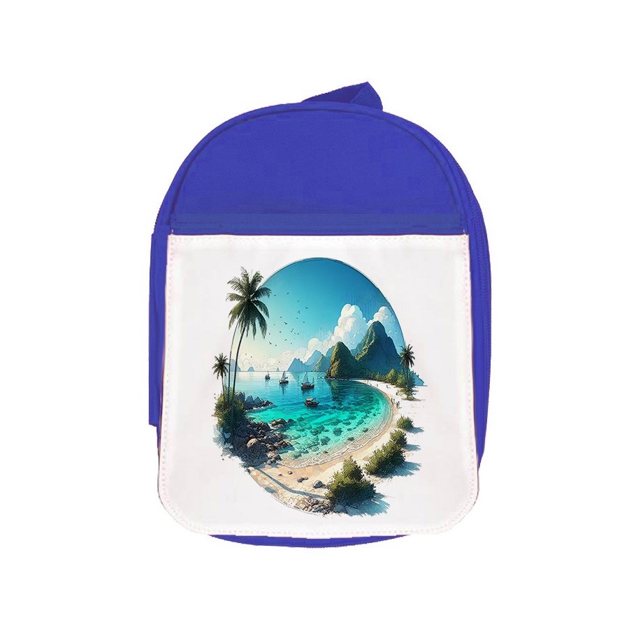 MOCHILA AZUL playa paradisiaca mar oceano agua arena palmeras escolar personalizado picnic excursión deporte