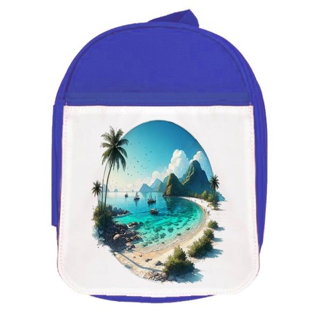 MOCHILA AZUL playa paradisiaca mar oceano agua arena palmeras escolar personalizado picnic excursión deporte