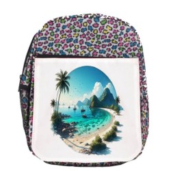 MOCHILA LUNARES ESTAMPADO playa paradisiaca mar oceano agua arena palmeras escolar personalizado picnic excursión deporte