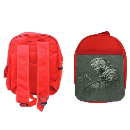 PACK MOCHILA ROJA Y ESTUCHE vikingo vikingos honor guerrero valhala hacha material escolar