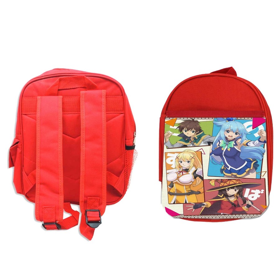 MOCHILA ROJA konosuba saga 3 personajes manga fanart colegio picnic excursión deporte niños