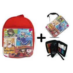 PACK MOCHILA ROJA Y ESTUCHE konosuba saga 3 personajes manga fanart material escolar