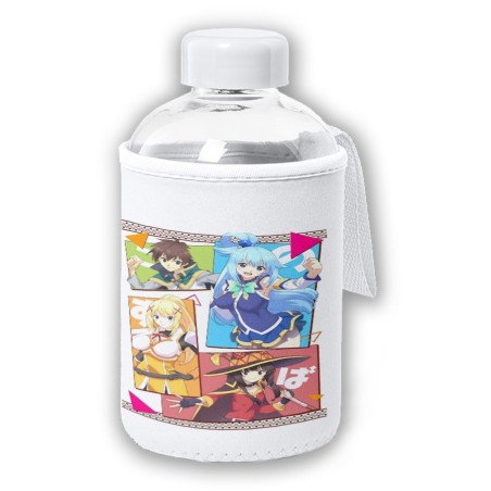 BIDON CRISTAL CON FUNDA SOFT SHELL konosuba saga 3 personajes manga fanart tapon seguridad botella