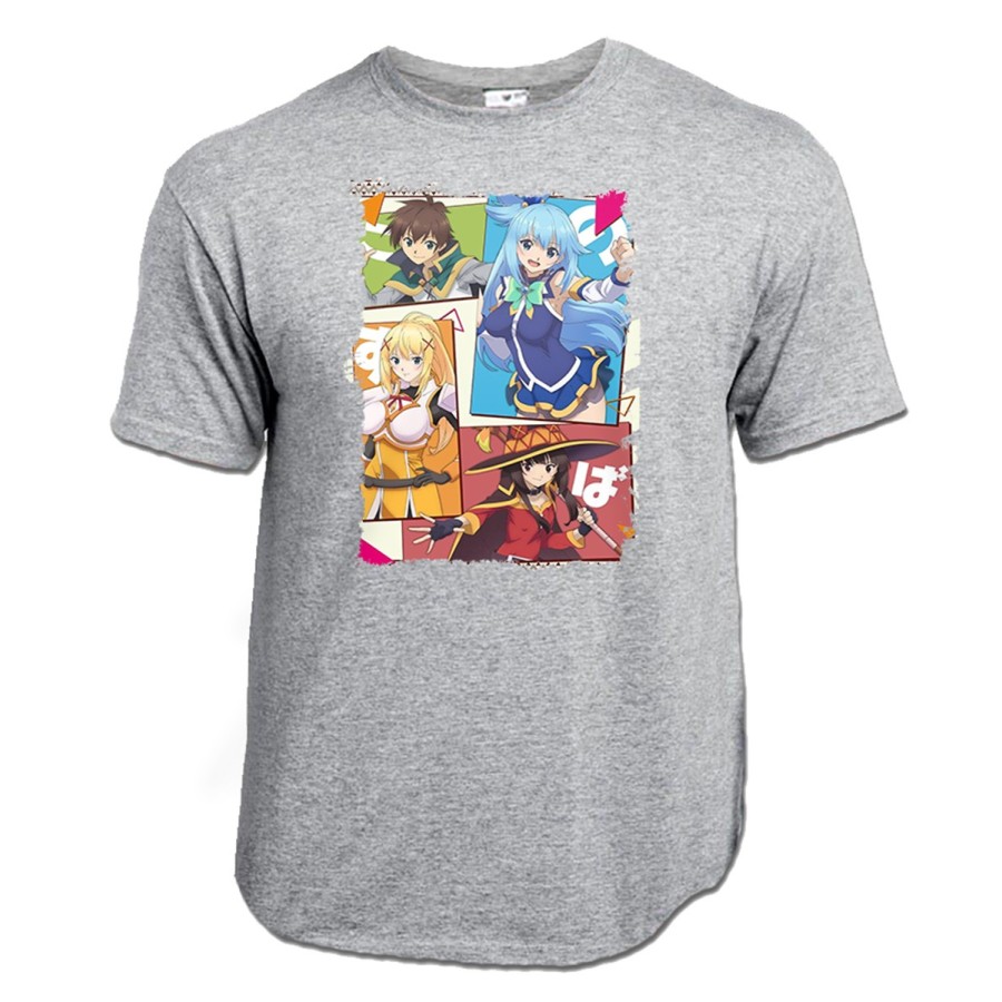 CAMISETA GRIS MEZCLA konosuba saga 3 personajes manga fanart moda verano personalizada