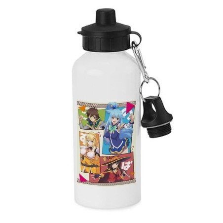 BIDON 600 ML ACERO INOXIDABLE CON CHUPON konosuba saga 3 personajes manga fanart escolar deporte bicicleta