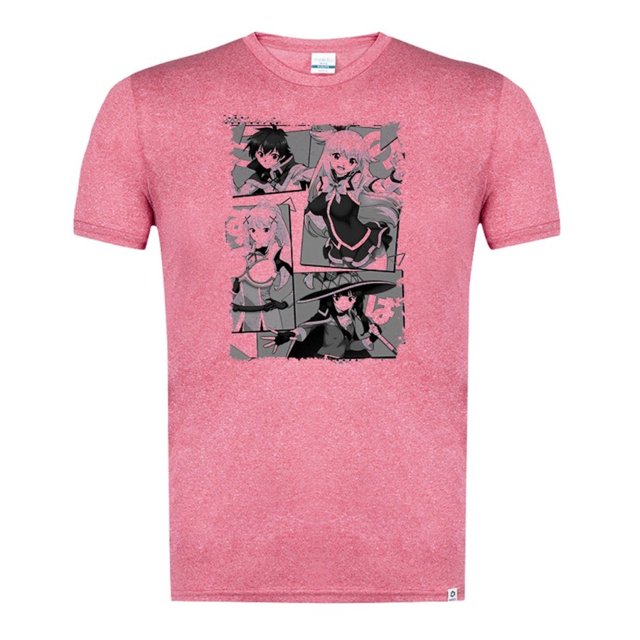 CAMISETA ROJA MEZCLA CON IMAGEN EN TONALIDADES NEGRAS konosuba saga 3 personajes manga fanart tshirt
